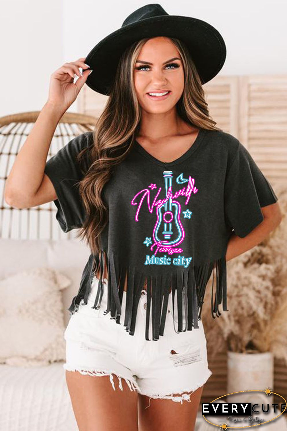 Black Nashville Guitar Slogan Print Fringed V Neck Graphic Tee