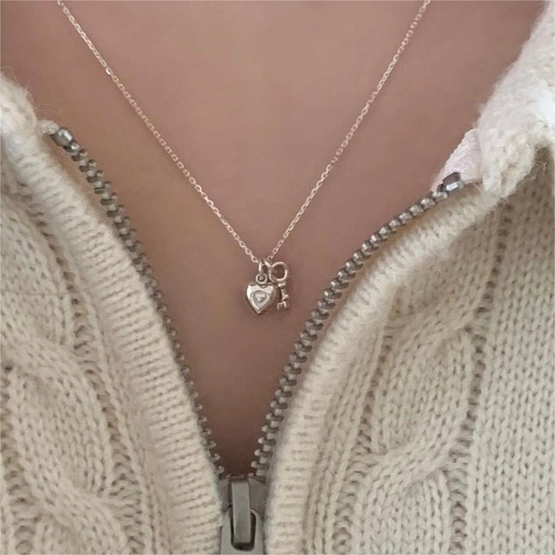 925 Sterling Silver Cable Chain Plating Heart Shape Key Pendant Necklace