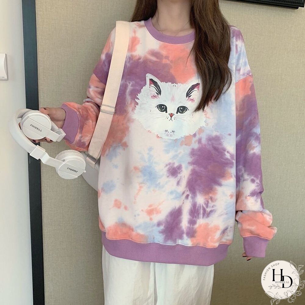 Spring Fall Tie Dye Sweatshirts Women Cartoon Cat Printed Loose Hoodies Girls Kawaii Oversized Pullovers Clothes Mujer Harajuku