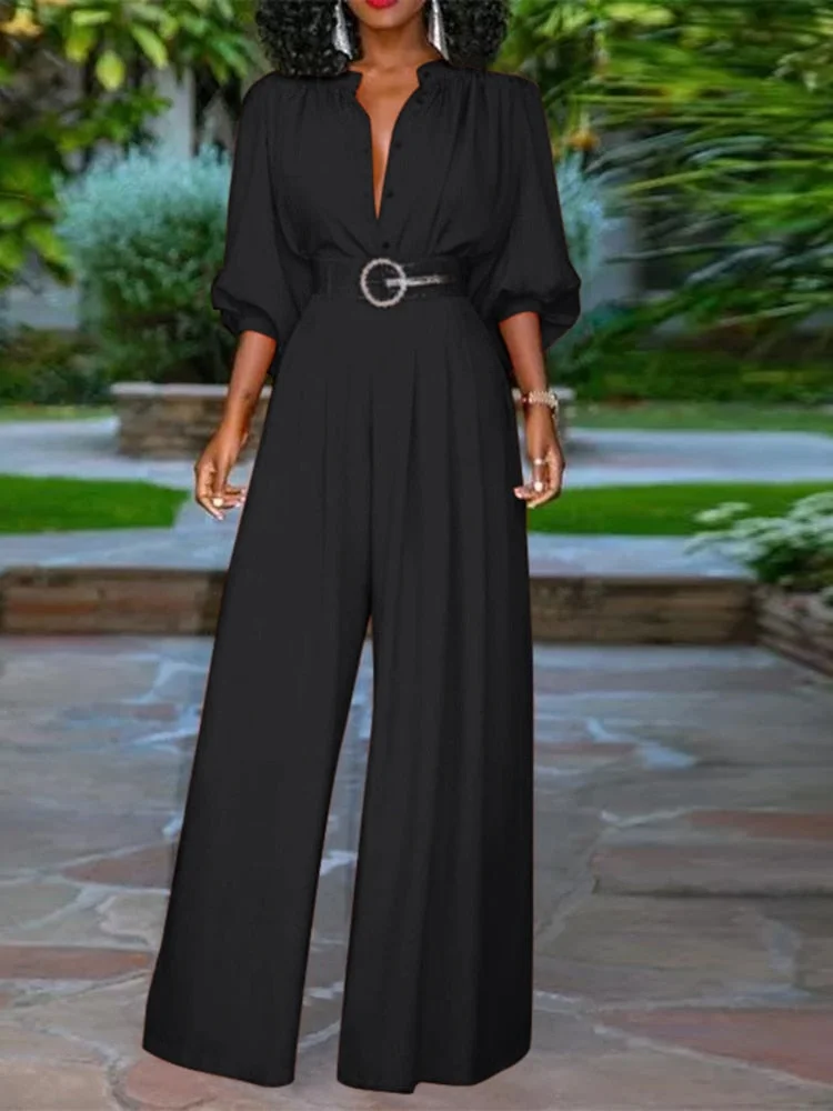 2022 Celmia Women Long Jumpsuits Fashion Casual 3/4 Puff Sleeve Rompers Pleated Buttons Wide Leg Pants Loose Elegant Overalls