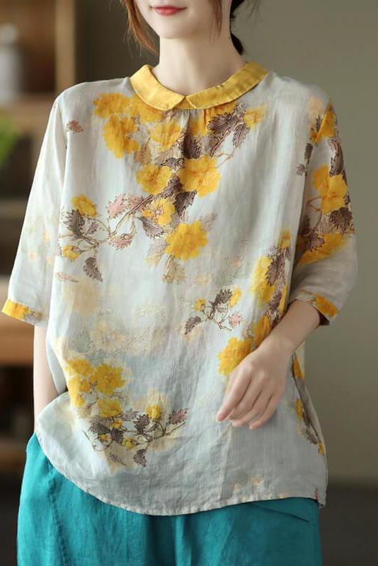 Vintage Linen Women Casual Floral Print Breasted Shirt