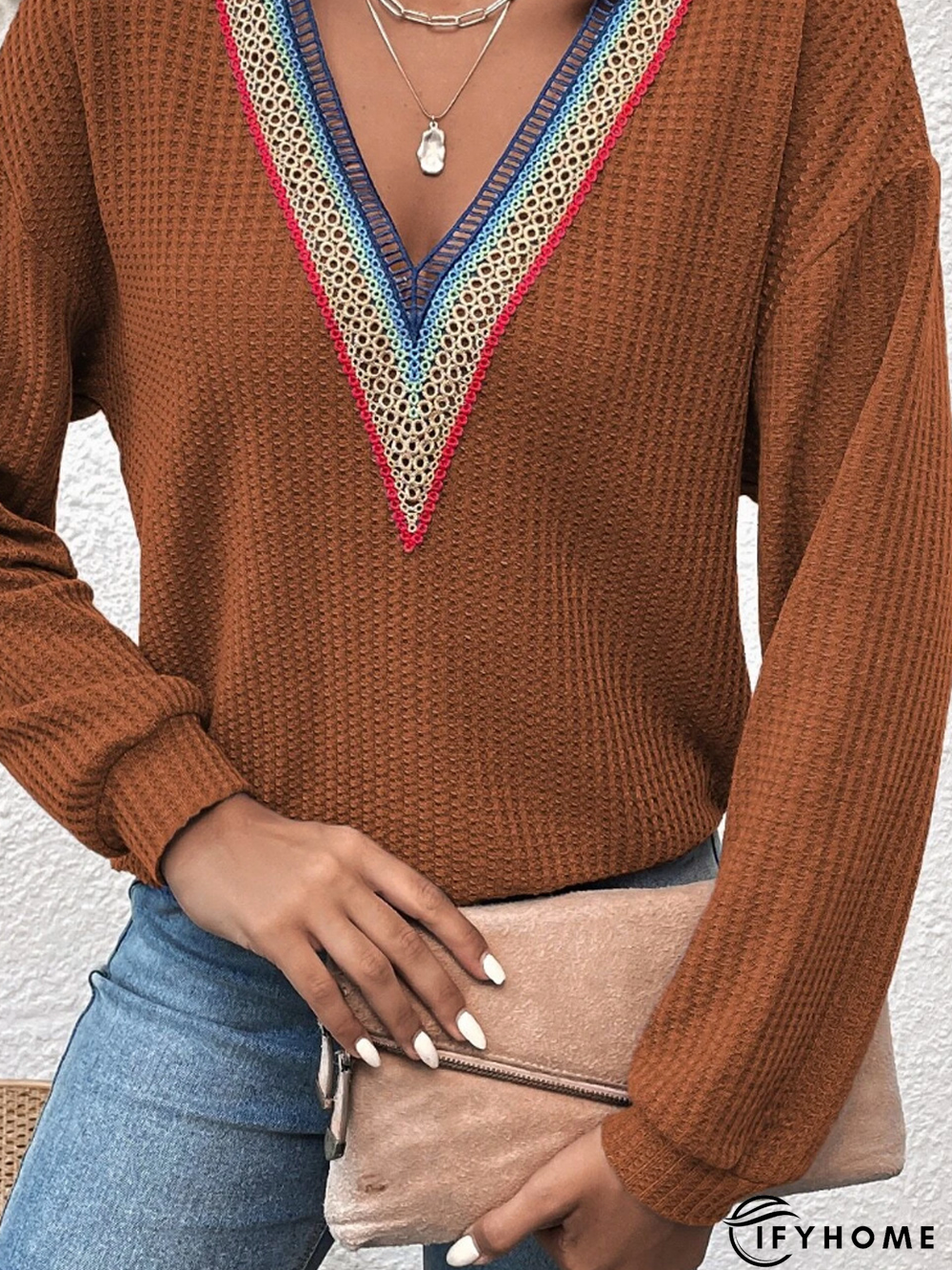 Cotton-Blend Casual V Neck Top | IFYHOME