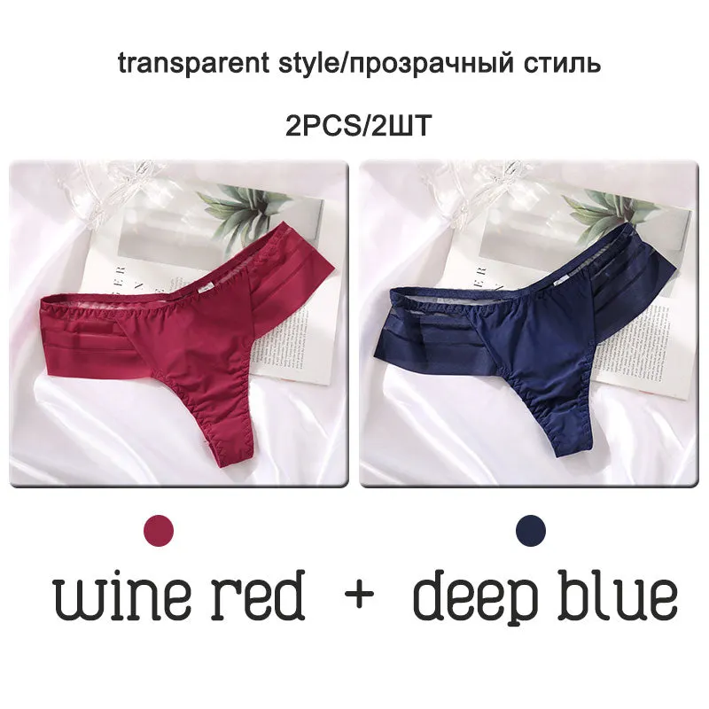 FINETOO 2Pcs/set Sexy Thongs Women Low Waist G-string Panties Fashion Hollow Out Seamless Underwear Perspective Underpants 2021