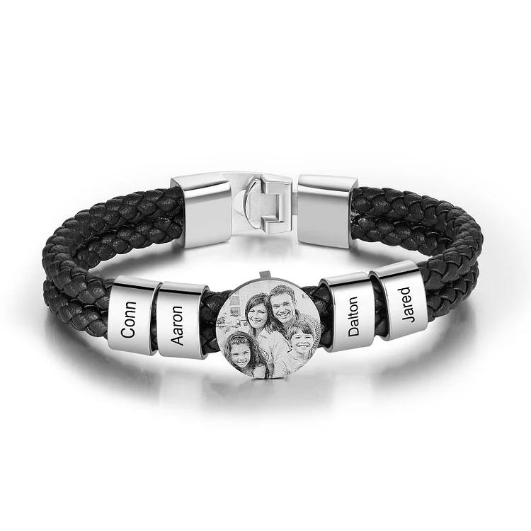 Personalized Photo Bracelet with 4 Names Leather Bracelet Beaded Wrap Bracelet