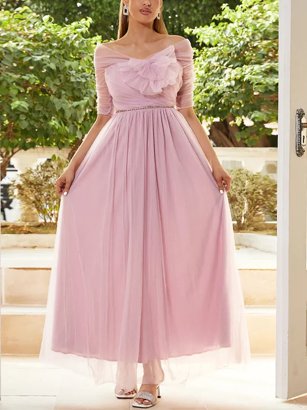 Off-shoulder Half-sleeve Pink Tulle Maxi Dress