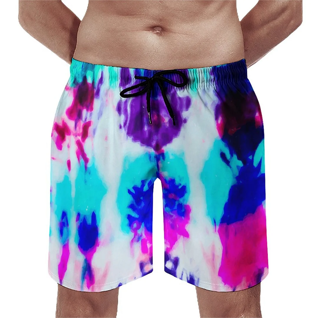 Artsy Summer Pink Blue Colorful Tie Dye Men's Swim Trunks Summer Board Shorts Quick Dry Beach Short with Pockets