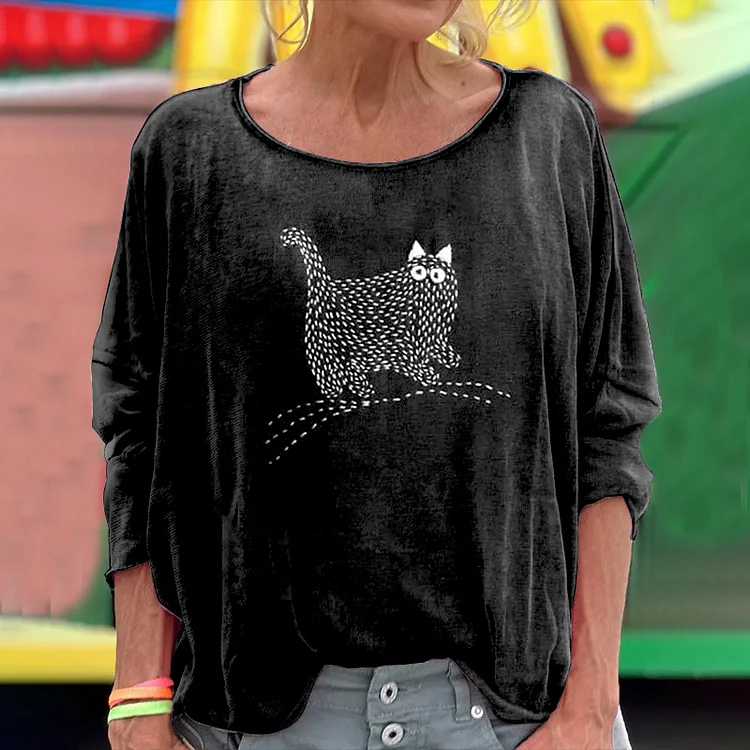 Women's Cute Cat Japanese Art Embroidered Long Sleeve T-shirt