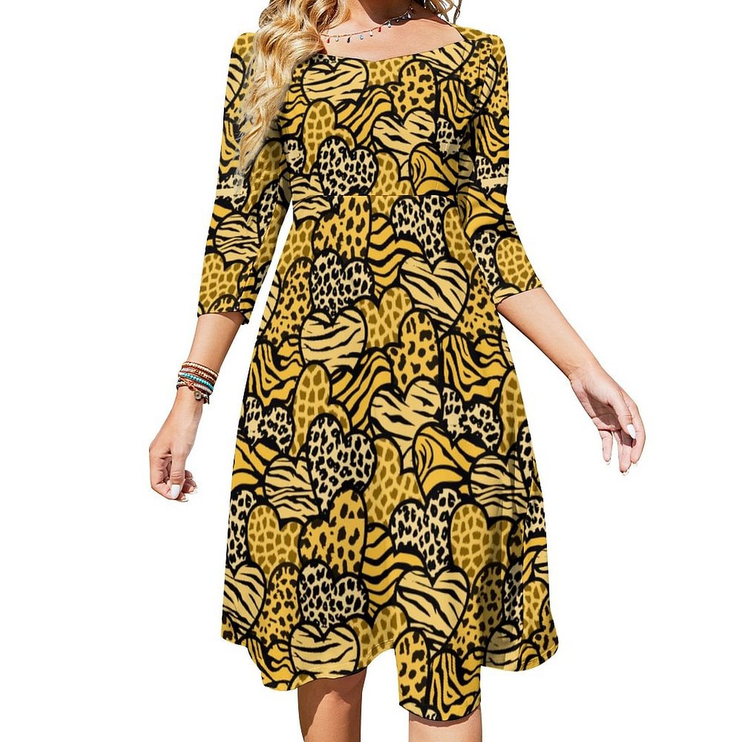 Yellow And Black Girly Animal Print Hearts Wallet Dress Sweetheart Tie Back Flared 3/4 Sleeve Midi Dresses