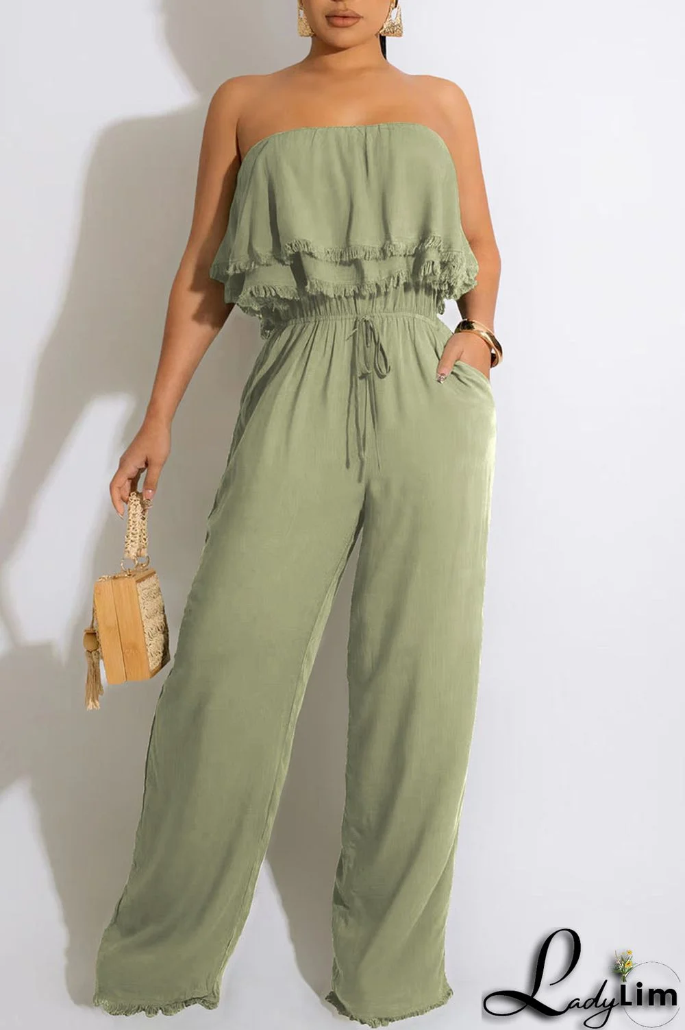 White Casual Solid Patchwork Strapless Straight Jumpsuits