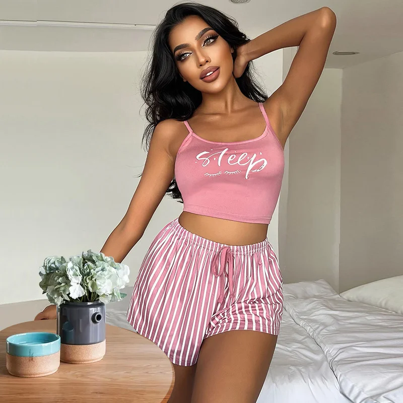 Uveng Uveng Sling Pyjamas Women's Sleet Shorts Set Letter Striped Print Lady's Home Clothes Can Be Worn