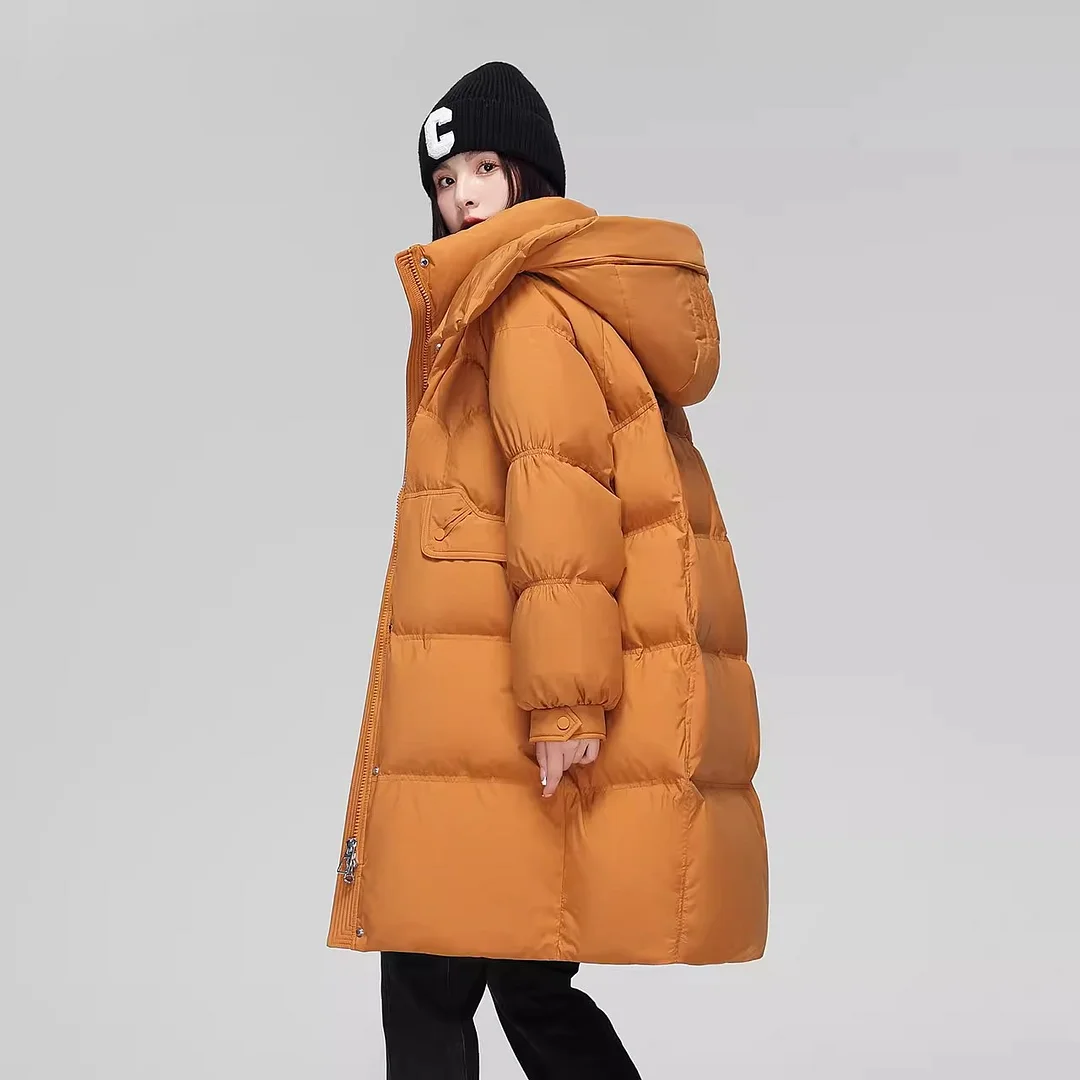 Toloer Long Down Jacket Female 2024 Winter New Fashion Hoodie Loose And Thick White Duck Velvet Over The Knee Coat Tide-Outfit Ideas