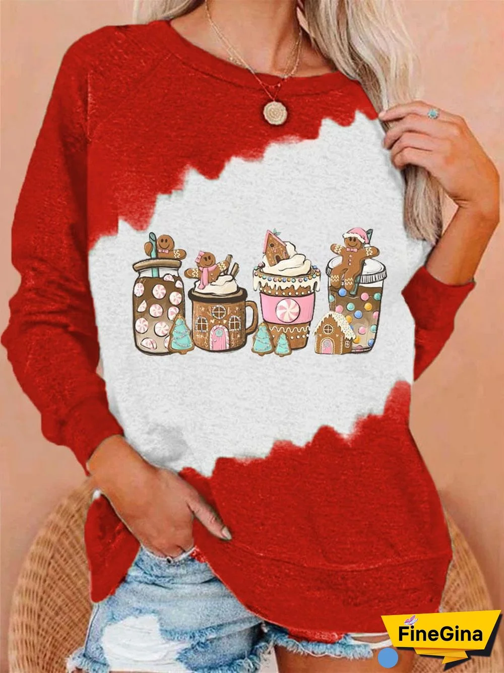 Women's Gingerbread Christmas Coffee Printed Round Neck Long Sleeve Sweatshirt