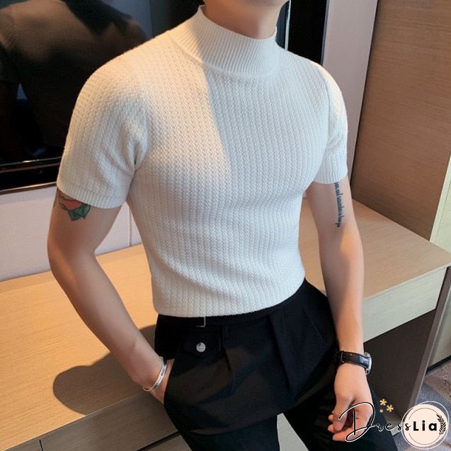 Autumn New Short Sleeve Knitted Sweater Mens Clothing All Match Slim Fit Stretched