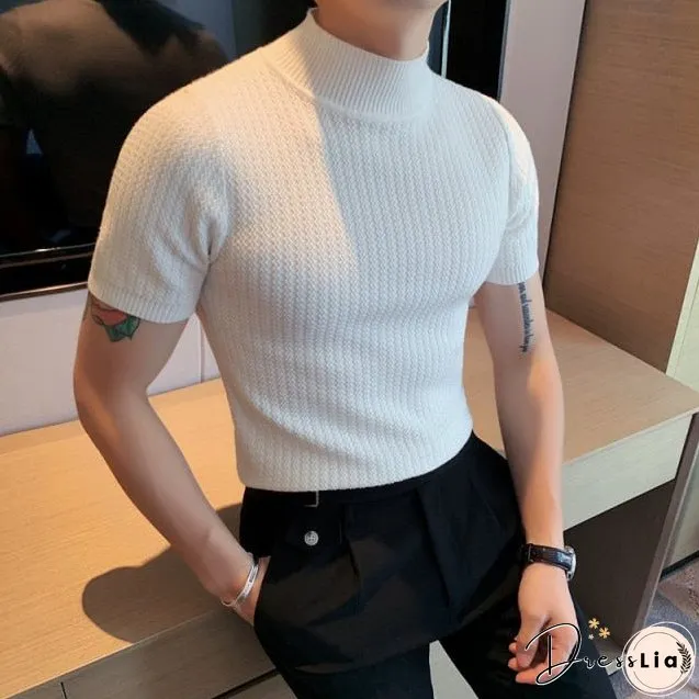 Autumn New Short Sleeve Knitted Sweater Mens Clothing All Match Slim Fit Stretched