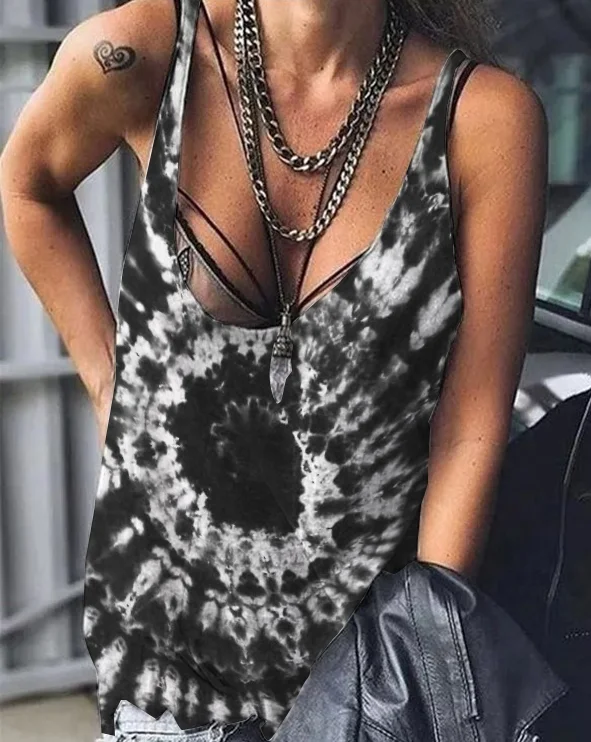 Sexy Sleeveless Tie-Dye Sunflower Leopard Holiday Casual Top