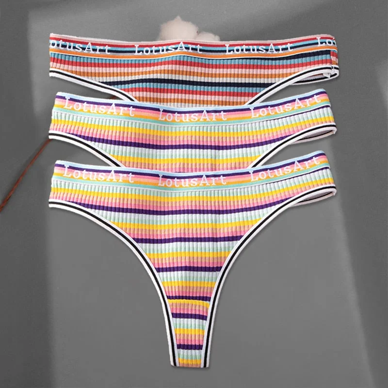FINETOO 3Pcs/set Women Rainbow Thongs M-XL Cotton Panties Comfortable Striped T-Back Underwear Ladies Soft G-string Lingerie New