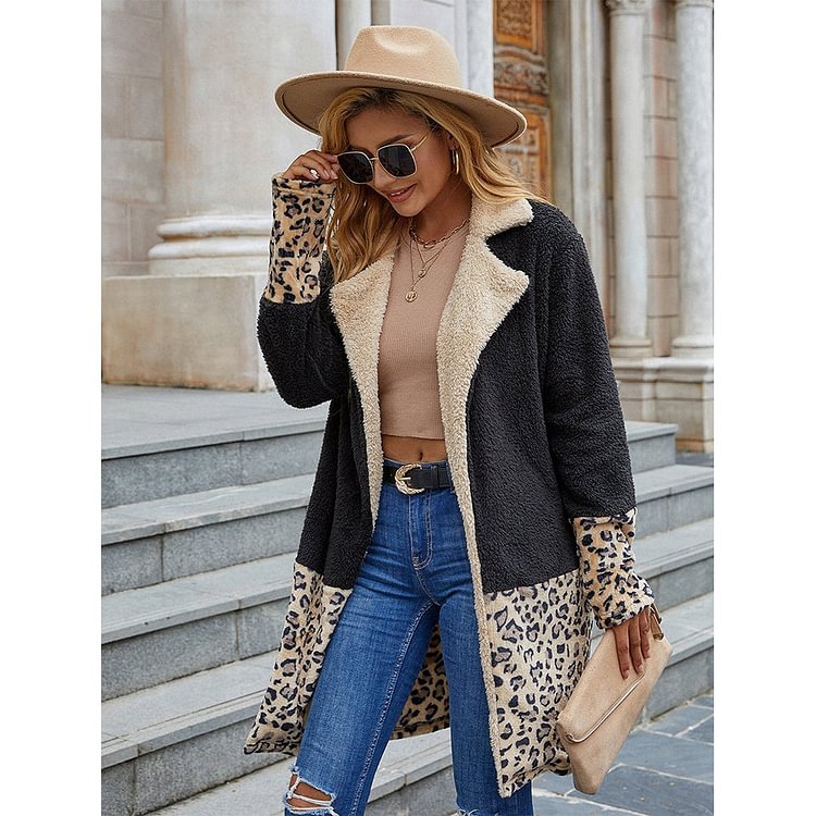STITCHED LEOPARD PRINT PLUS VELVET LAPEL LONG COAT