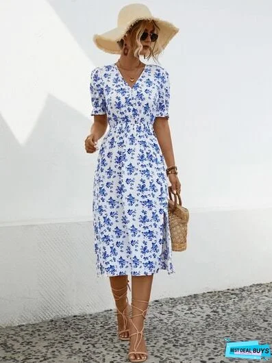 Slit Printed V-Neck Short Sleeve Dress