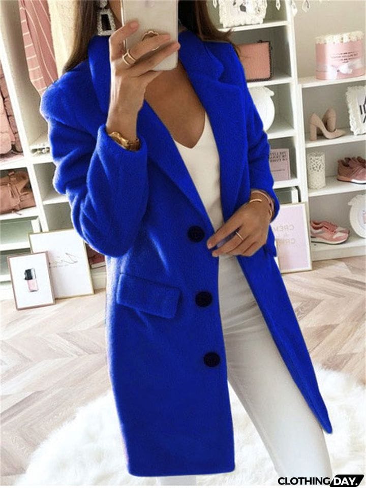 Women's Elegant Lapel Collar Button Up Slim Fit Winter Long Coats