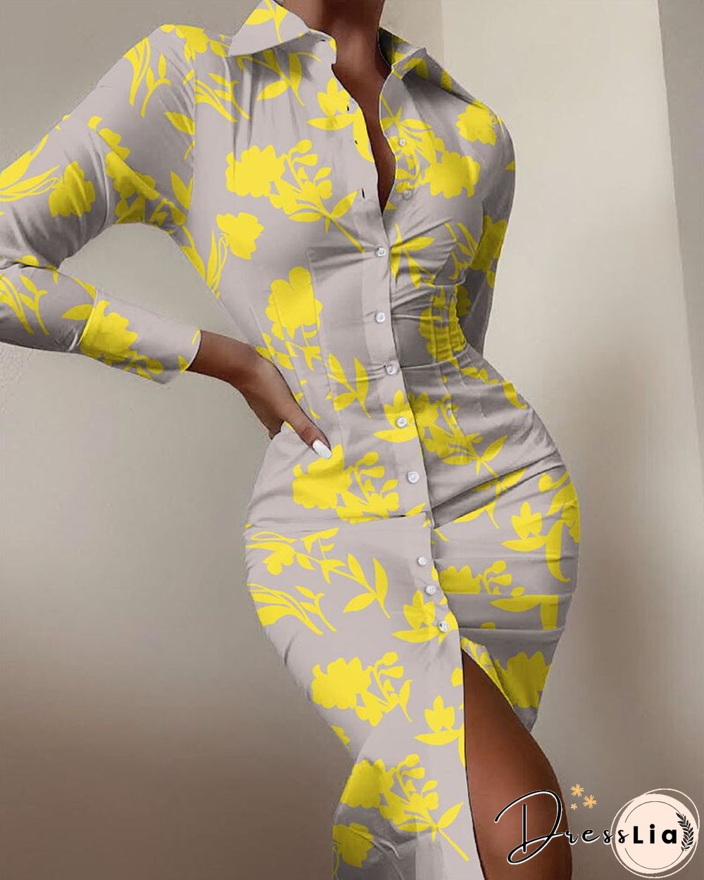 Sexy floral print dress women autumn long sleeve v-neck high waist bandage button slim