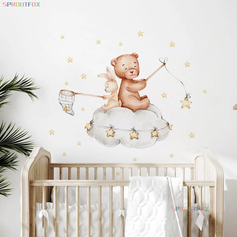 Bear And Rabbit Wall Stickers For Kids Rooms Animals Wall Stickers Child PVC Wall Decorative Vinyl For Children's Room