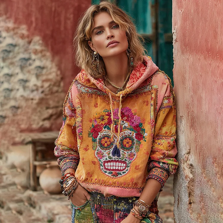 Women's Classic Mexican Sugar Skeleton Catrina Day Of The Dead Inspired Painting Embroidered Casual Linen V Neck  Long Sleeve T-shirt