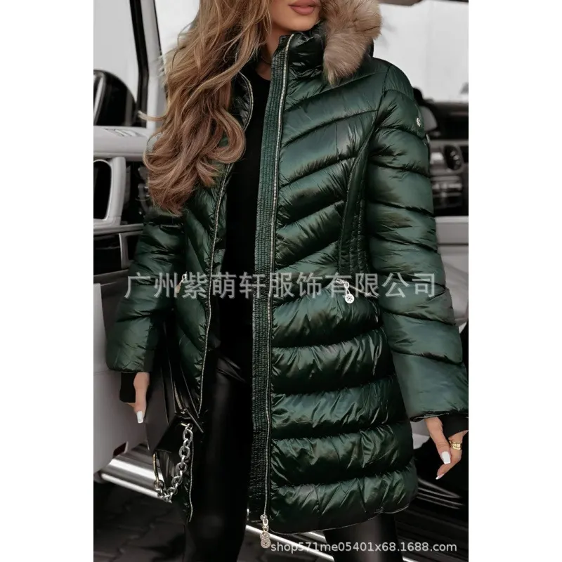 Nigikala Nigikala Thick Hooded Cotton Clothes Women's Long-Haired Collar Fashion Cotton Jacket Winter Cotton Clothes Women