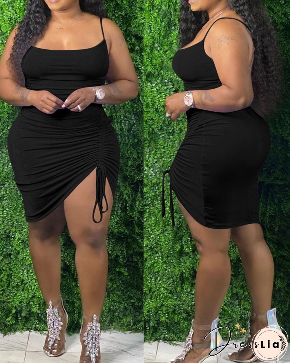 Plain Square Neck Drawstring Ruched Cami Bodycon Dress