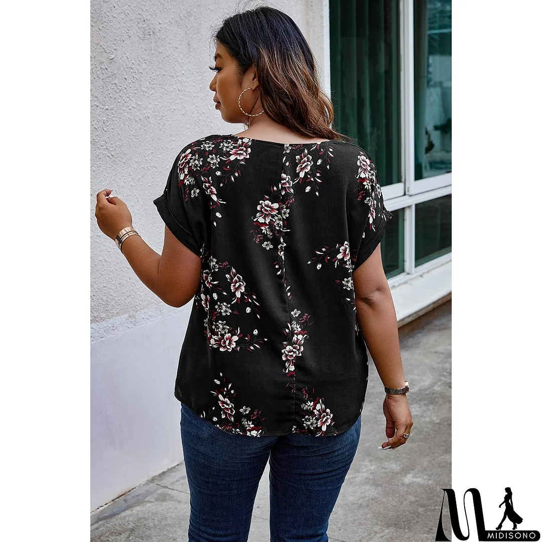 MidiSono - Plus Size Floral Print V Neck Loose Blouse