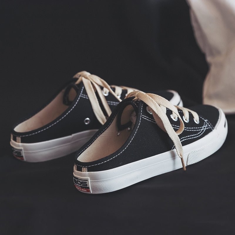 2020 spring and summer new student canvas shoes women's fashion lace-up sneakers open white shoes sandals semi-drag breathable