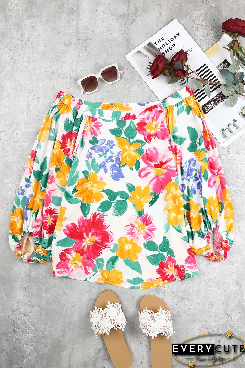 White Water Painting Flowers Sexy Off Shoulder Top