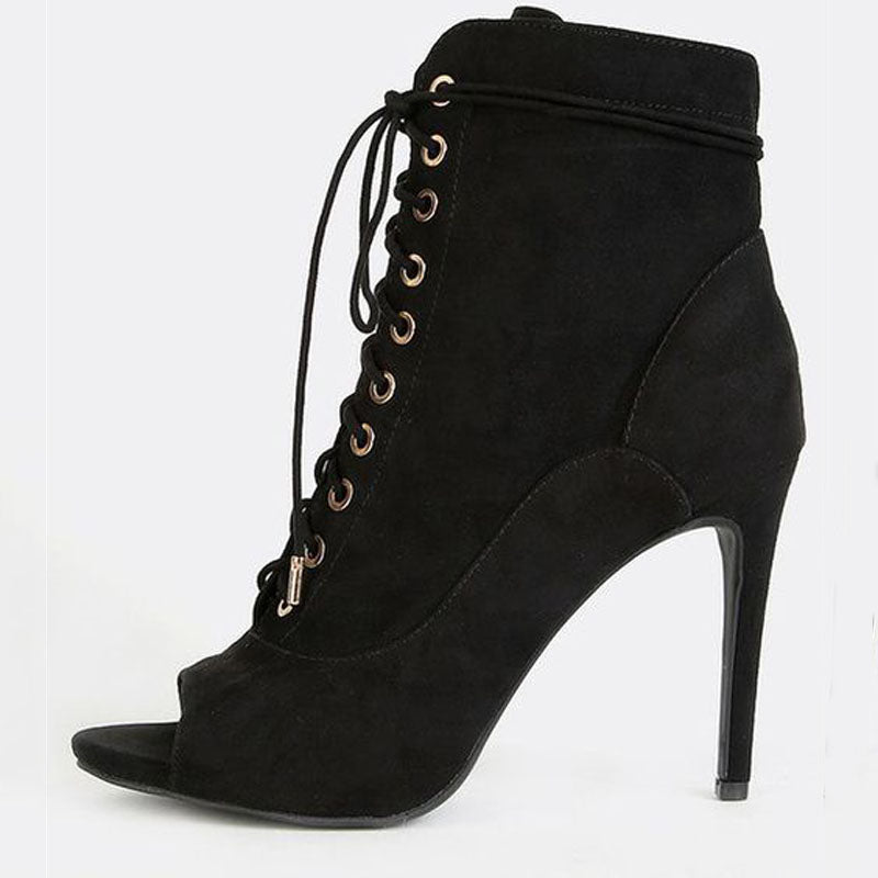 VCSHOES Denim Strap Peep Toe High Heel Ankle Boots