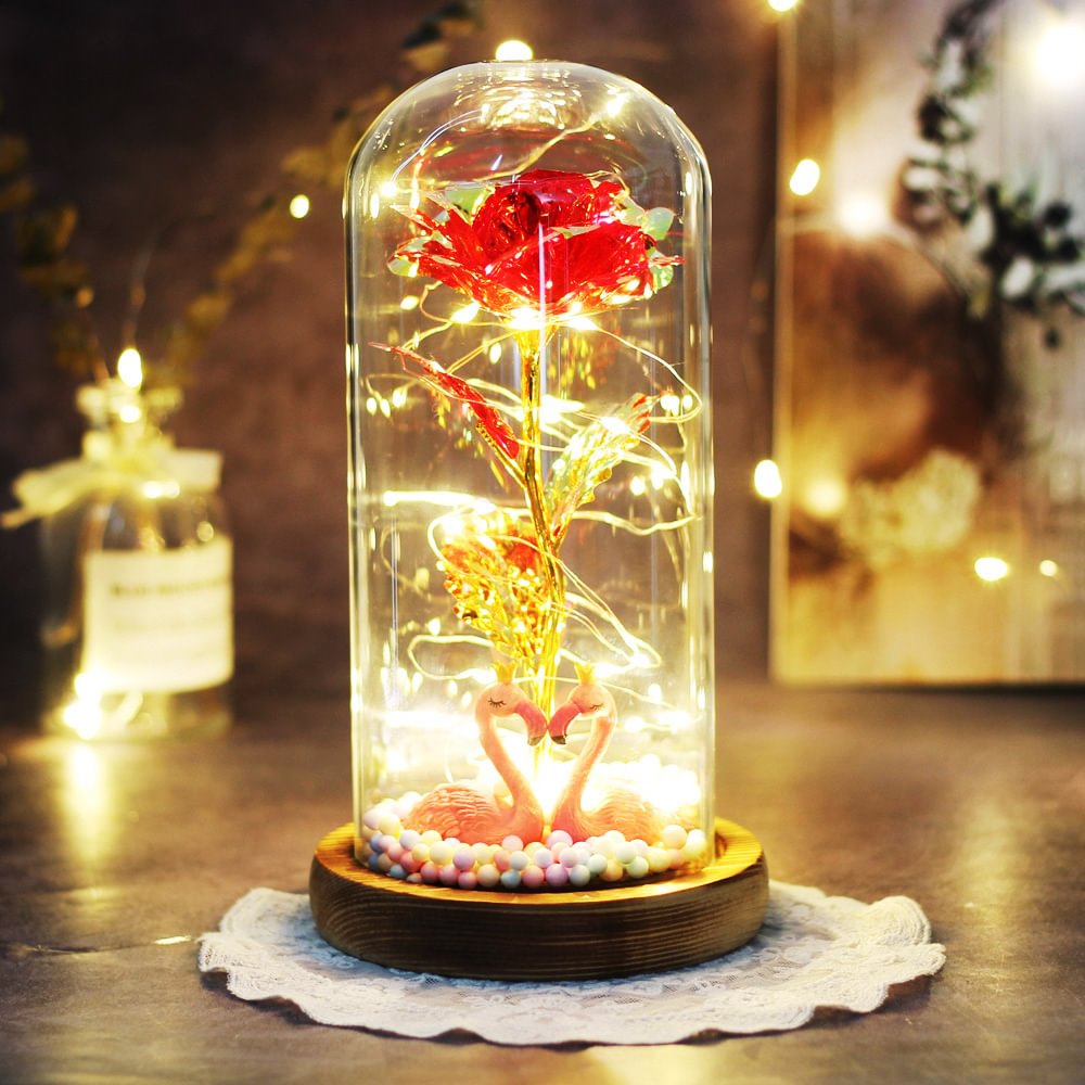 Beatea Swan Enchanted Rose Flower RGB LED Light in Glass Dome 