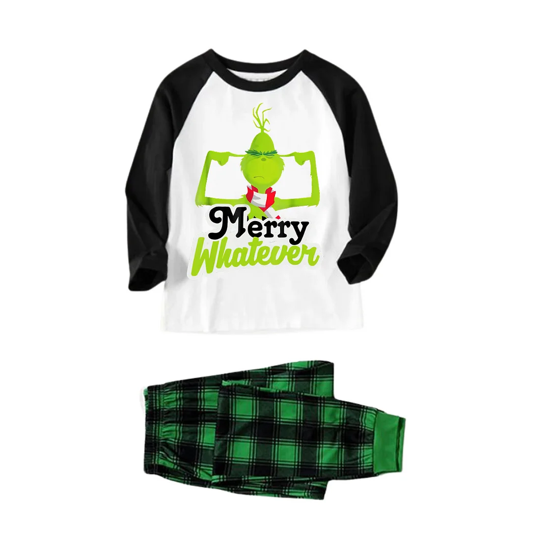 Funny Cartoon Pattern and "Merry Whatever" Printed Green and Black Plaid Christmas Family Pajamas