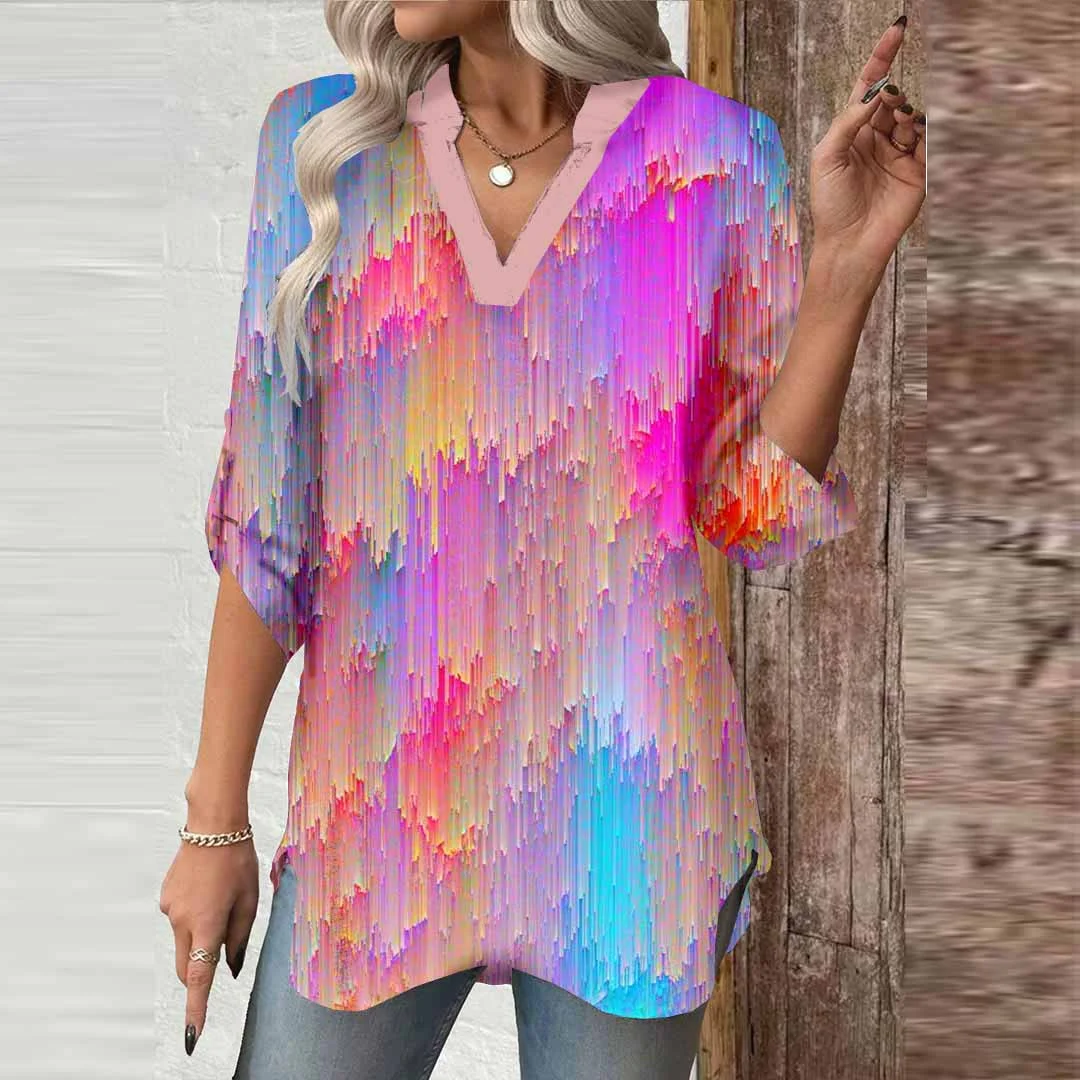 Women Abstract,Stripes,Red,Blue DZGA0785 3/4 Sleeve V-neck Printed Graphic Button Tops
