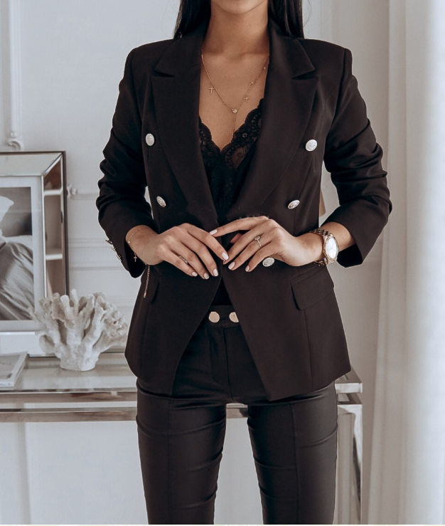 Solid Elegant Double-Breasted Jacket