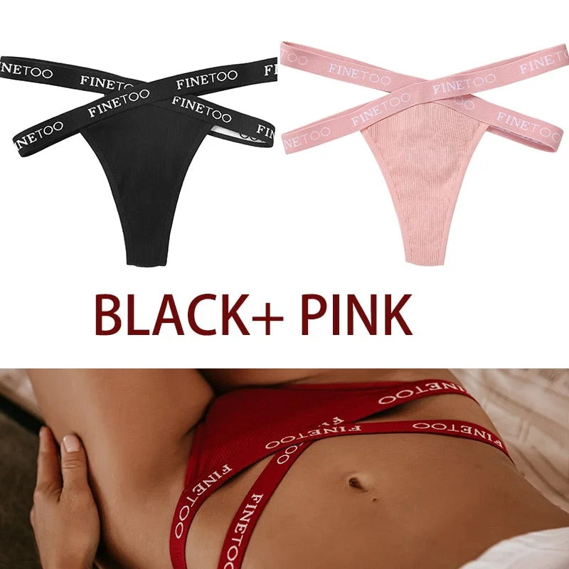 FINETOO 2PCS/Set Women's Cotton G-string Sexy Cross Strap Panties Letter Waisted Underwear Thongs Femme Hollow Out Lady Briefs
