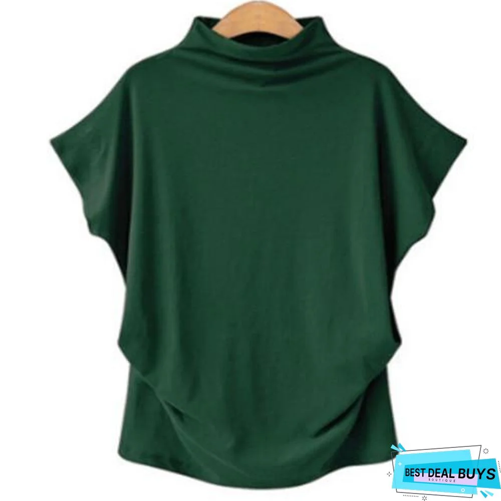 Women Casual Short Batwing Sleeve Loose Tops Solid Black Gray Turtleneck Tee T-Shirts