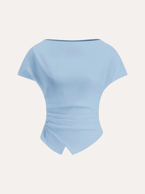 Loose Raglan Sleeve Asymmetric Pleated Solid Color Split-Joint Round-Neck T-Shirts