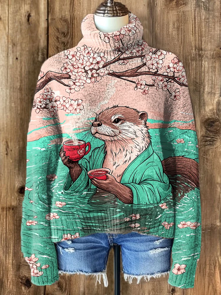 Women's Otters Drinking Tea Under The Cherry Tree Print High Neck Knit Sweatshirt