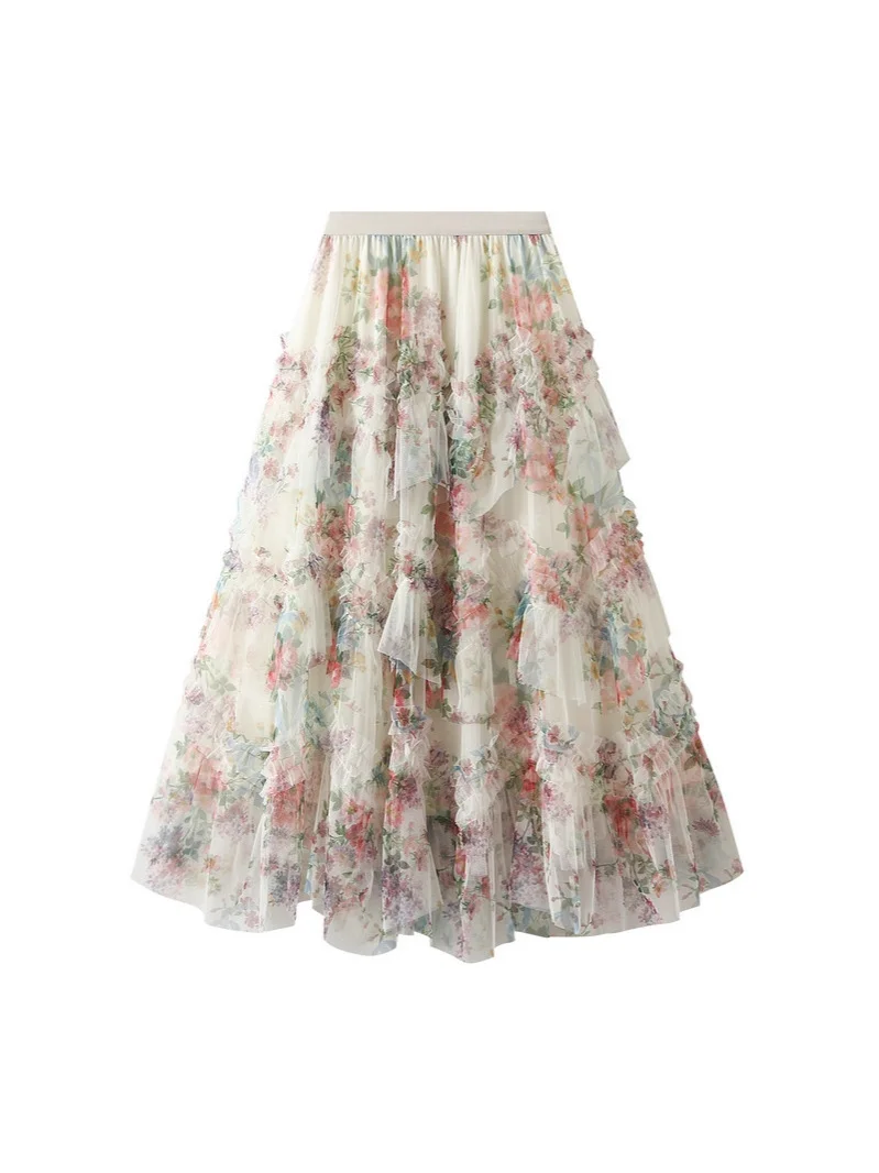 Nigikala Nigikala Splicing Color Flower Mesh Dress Dress Girl 2025 Spring Court Style Temperament Cake Skirt 8077