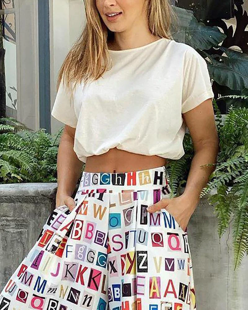 Solid Color Short Sleeve Top & Letter Print Wide Leg Pants Two Piece Set