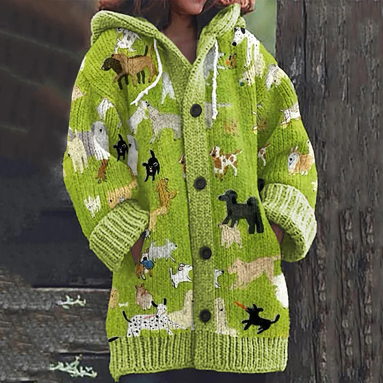 Dog Print Knitted Hooded Cardigan