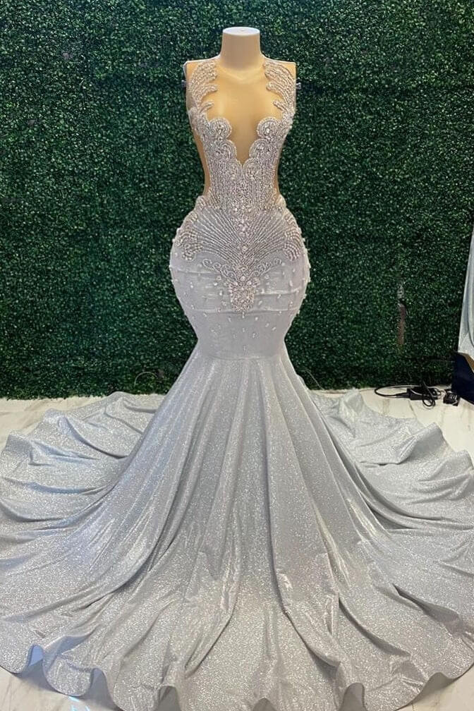 Luluslly Silver Scoop Sleeveless Mermaid Prom Dresses With Beadings