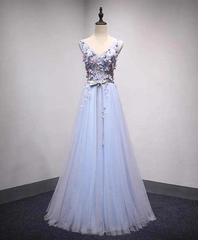 Light Blue V Neck Tulle Long Prom Dress, Lace Evening Dress