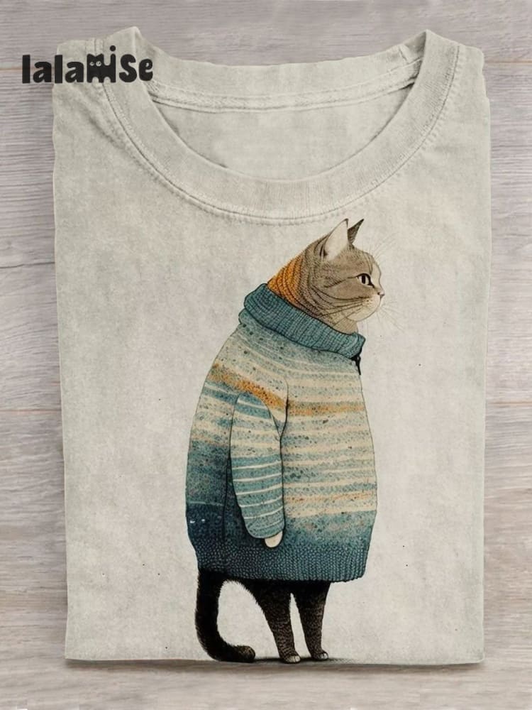Cute Winter Cat Art Pattern Print Casual T - Shirt Apricot / S