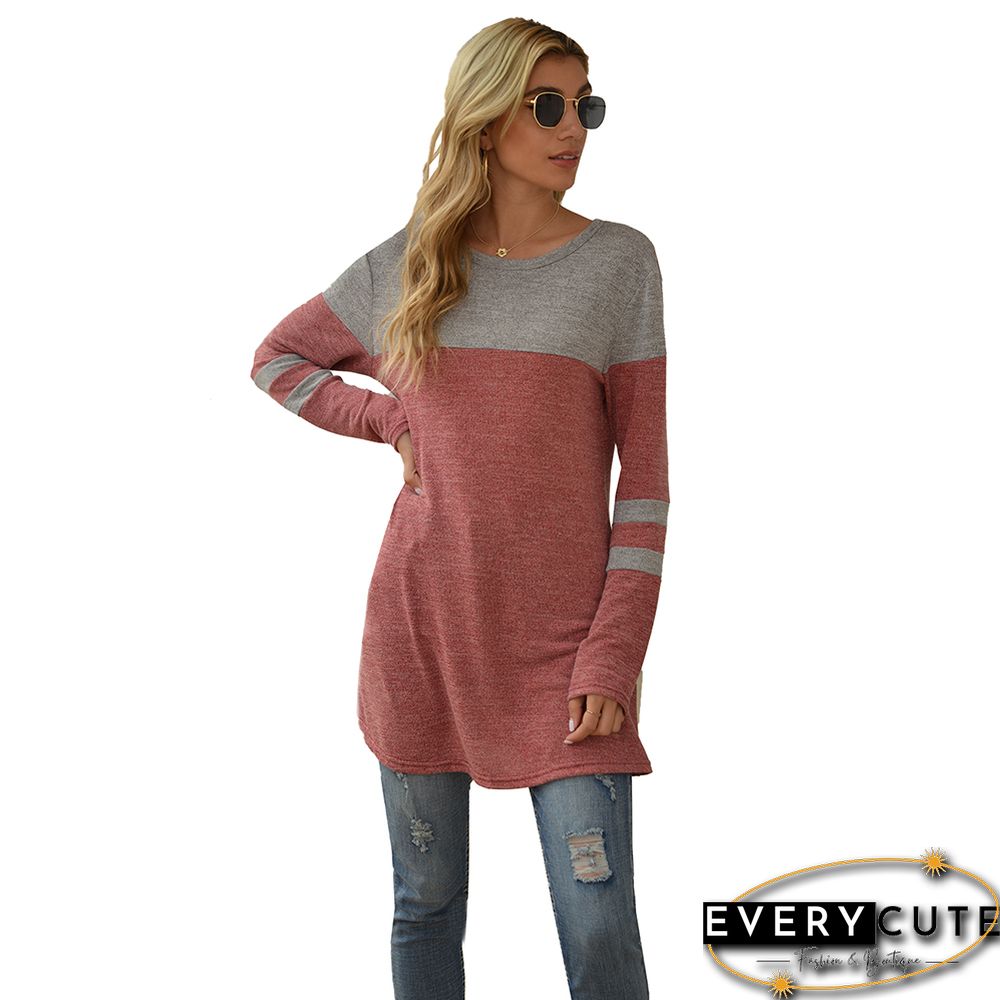 Red Colorblock Round Neck Long Sleeve Tops