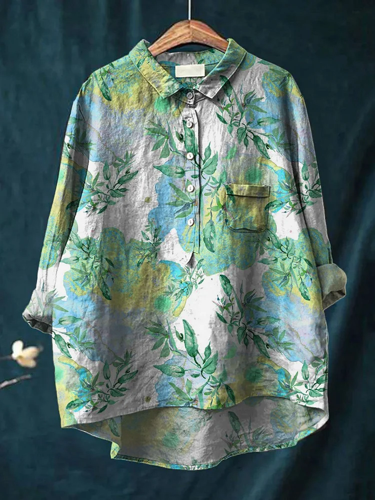 Women's  Flower Print Casual Cotton And Linen Shirt