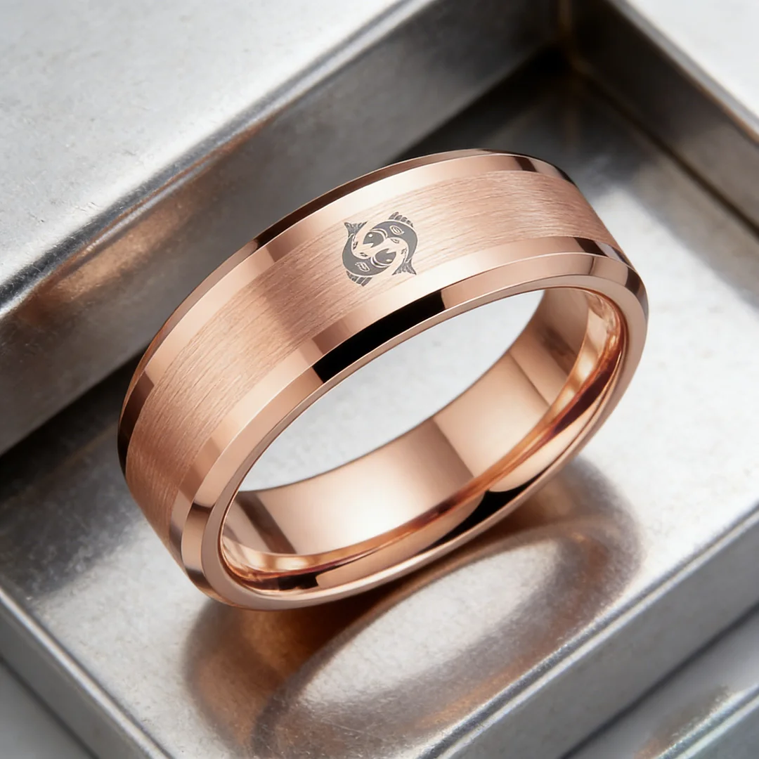 Mens Womens Rose Gold Pisces Tungsten Carbide Bands Rose Gold Edges and Laser Etched Wedding Ring Comfort Fit 4MM 6MM 8MM