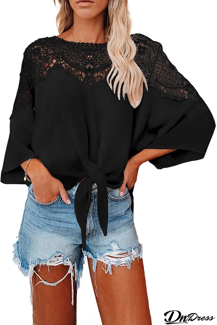 Lace Splicing Tie Knot Bell Sleeve Blouse